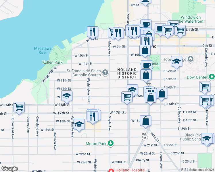 map of restaurants, bars, coffee shops, grocery stores, and more near 340 Maple Avenue in Holland