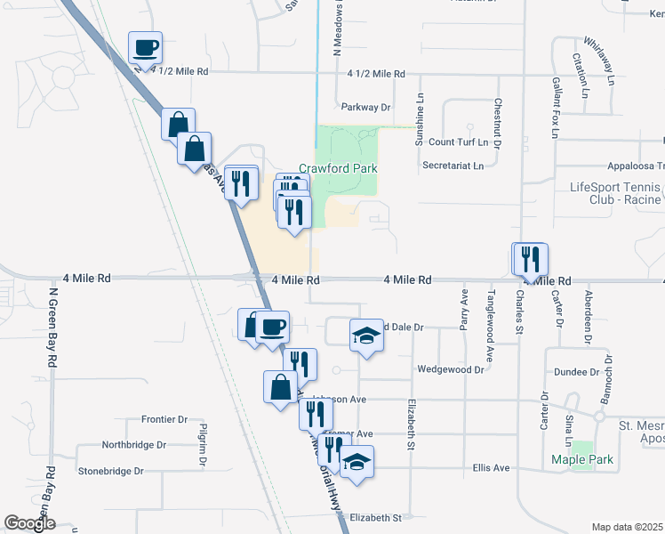 map of restaurants, bars, coffee shops, grocery stores, and more near 2225 4 Mile Road in Racine