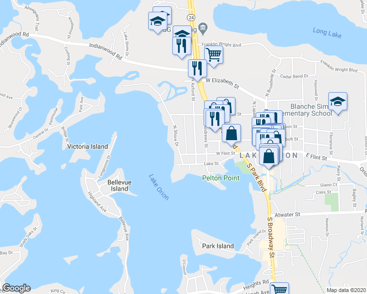 map of restaurants, bars, coffee shops, grocery stores, and more near 34 North Shore Drive in Orion charter Township