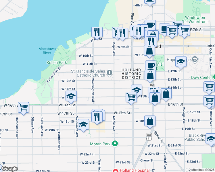 map of restaurants, bars, coffee shops, grocery stores, and more near 340 Maple Avenue in Holland