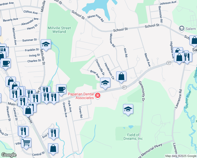 map of restaurants, bars, coffee shops, grocery stores, and more near 3 Briar Avenue in Salem
