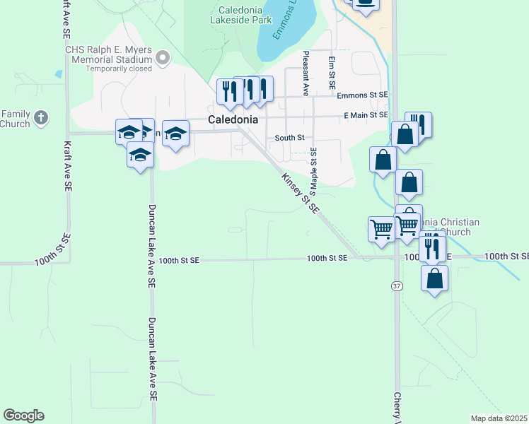 map of restaurants, bars, coffee shops, grocery stores, and more near 6095 Hanover Woods Drive in Caledonia