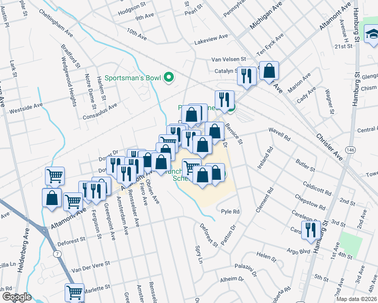 map of restaurants, bars, coffee shops, grocery stores, and more near 1400 Altamont Avenue in Schenectady