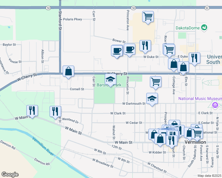 map of restaurants, bars, coffee shops, grocery stores, and more near 422 Princeton Street in Vermillion