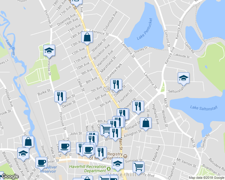 map of restaurants, bars, coffee shops, grocery stores, and more near 6 Elm Street in Haverhill