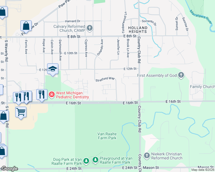 map of restaurants, bars, coffee shops, grocery stores, and more near 1048 Abbey Court in Holland