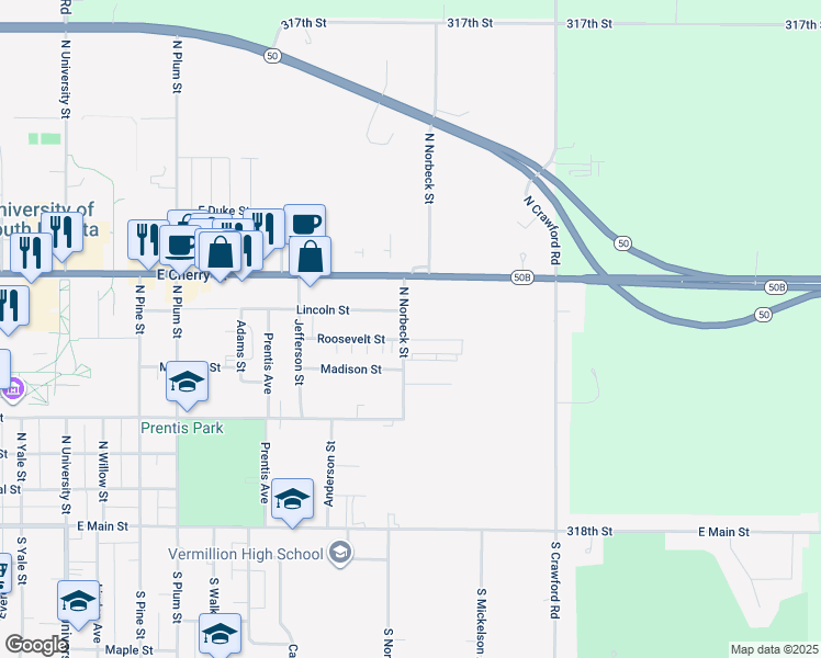 map of restaurants, bars, coffee shops, grocery stores, and more near 503 North Norbeck Street in Vermillion