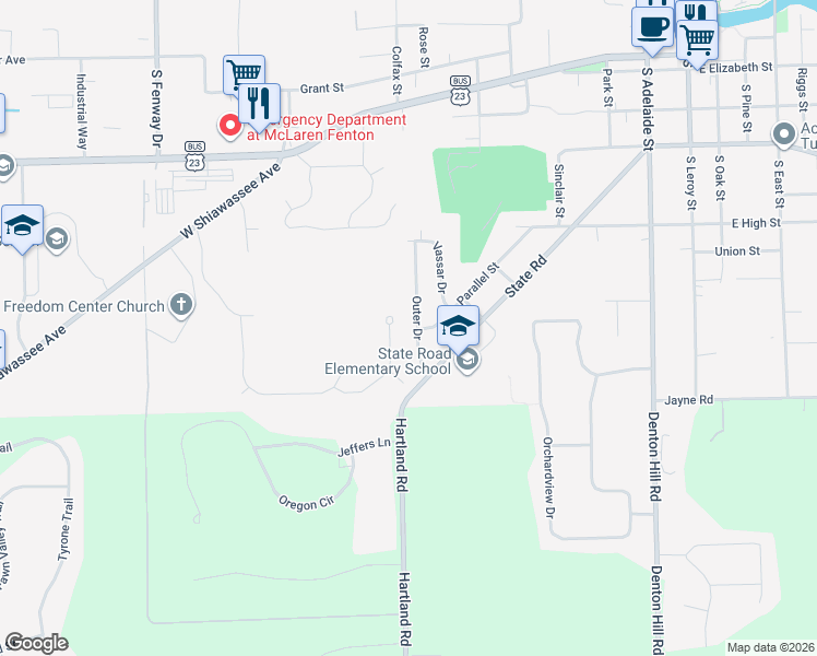 map of restaurants, bars, coffee shops, grocery stores, and more near 989 Peachtree Trail in Fenton