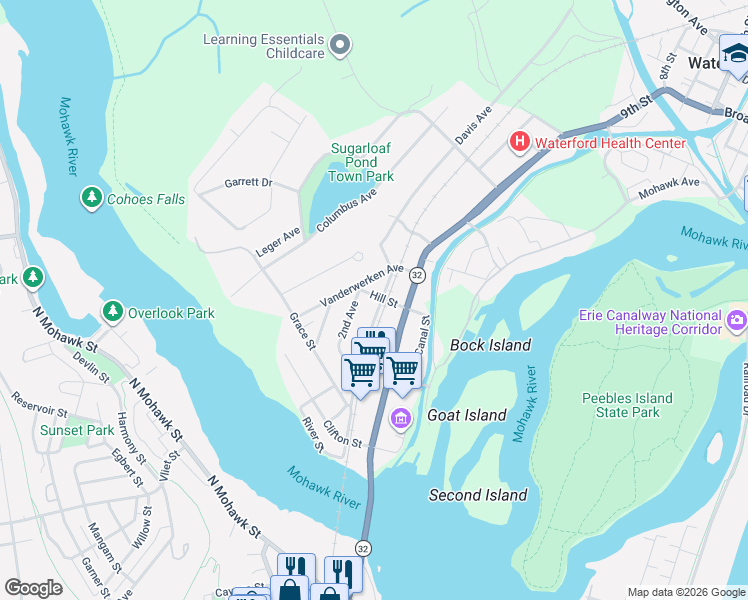 map of restaurants, bars, coffee shops, grocery stores, and more near 100-102 1st Avenue in Waterford