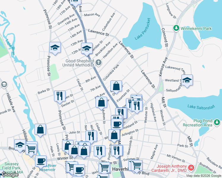 map of restaurants, bars, coffee shops, grocery stores, and more near 404 Main Street in Haverhill