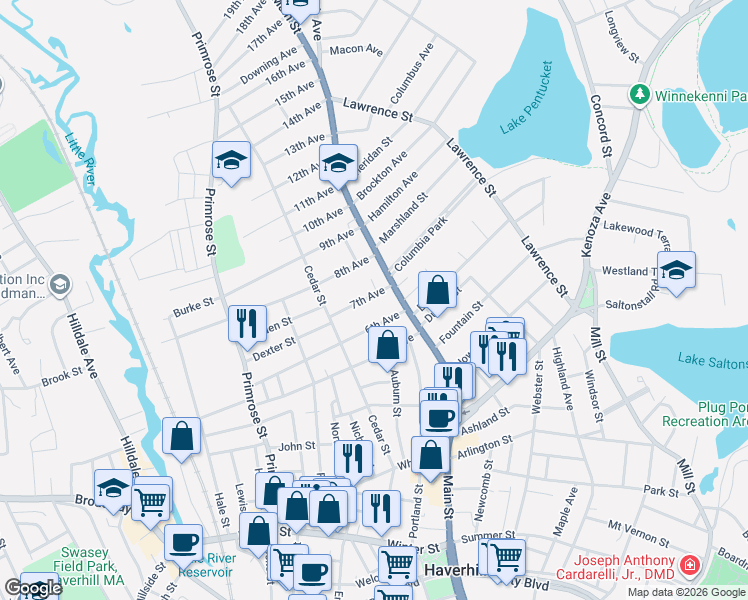 map of restaurants, bars, coffee shops, grocery stores, and more near 7 6th Avenue in Haverhill