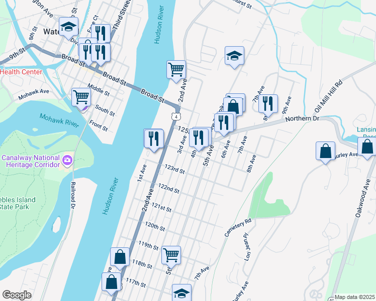 map of restaurants, bars, coffee shops, grocery stores, and more near 840 3rd Avenue in Troy