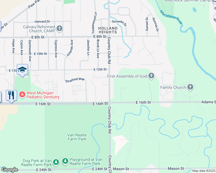 map of restaurants, bars, coffee shops, grocery stores, and more near 354 Country Club Road in Holland