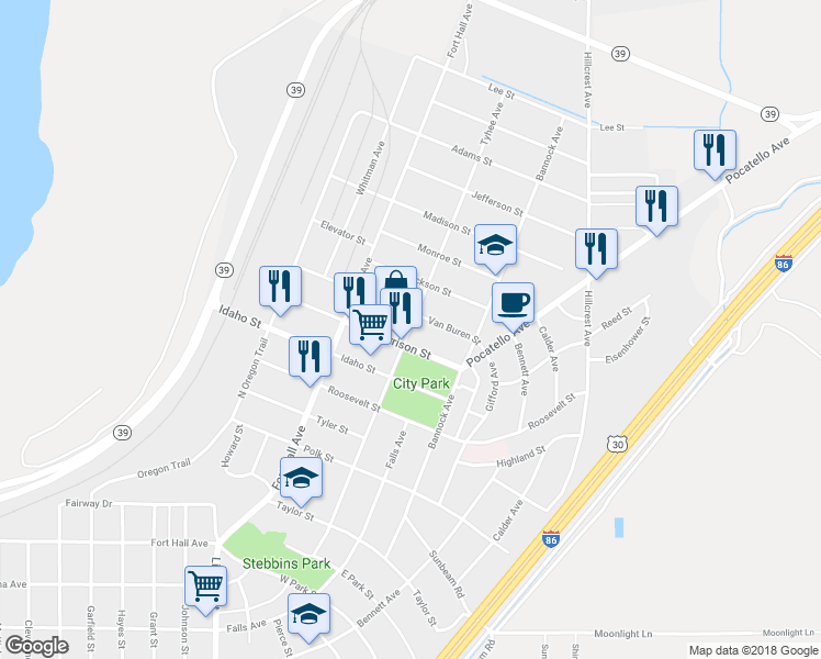 map of restaurants, bars, coffee shops, grocery stores, and more near 475 Tyhee Avenue in American Falls