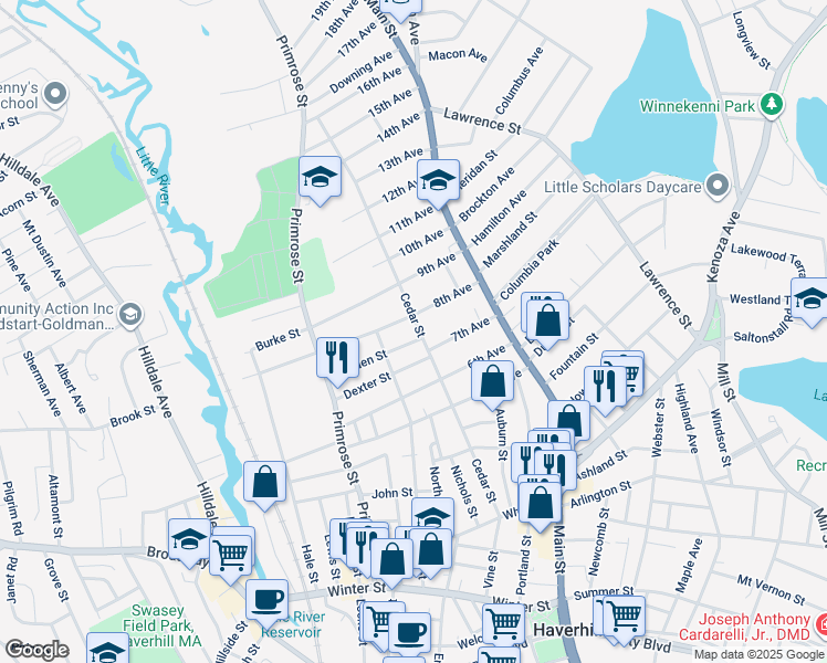map of restaurants, bars, coffee shops, grocery stores, and more near 12 Garden Street in Haverhill
