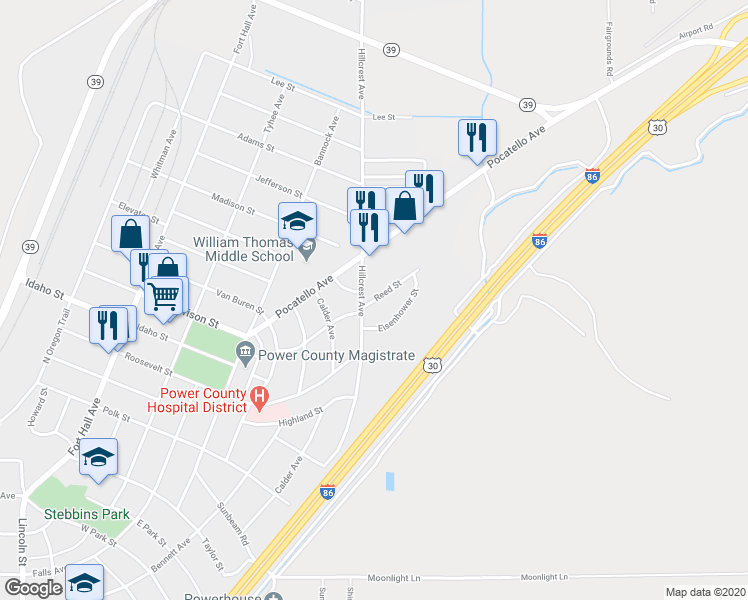 map of restaurants, bars, coffee shops, grocery stores, and more near 823 Reed Street in American Falls