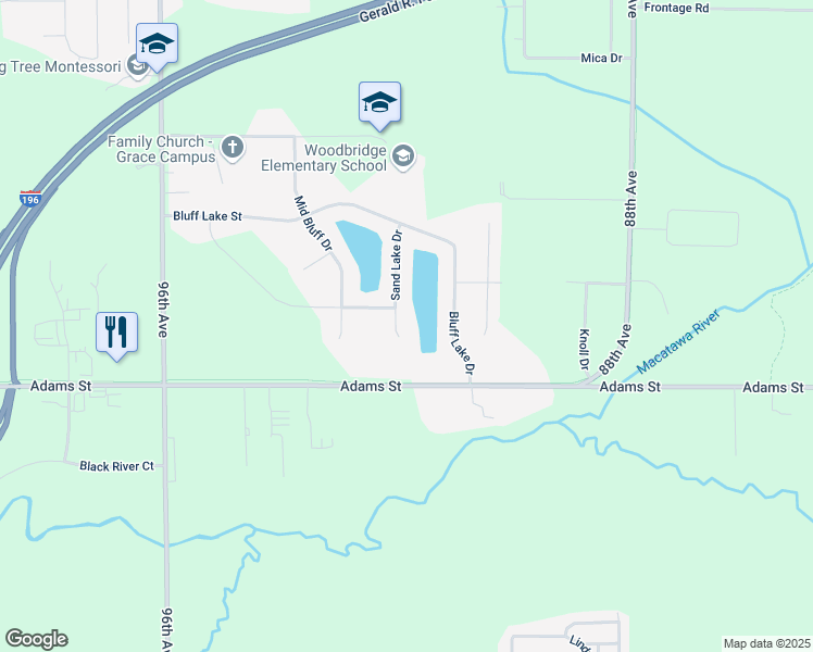 map of restaurants, bars, coffee shops, grocery stores, and more near 872 Sand Lake Drive in Zeeland