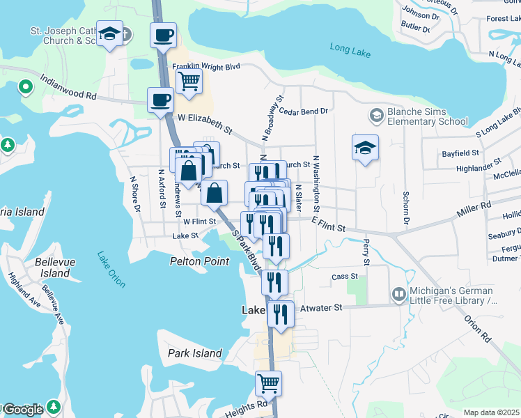 map of restaurants, bars, coffee shops, grocery stores, and more near in Orion Township