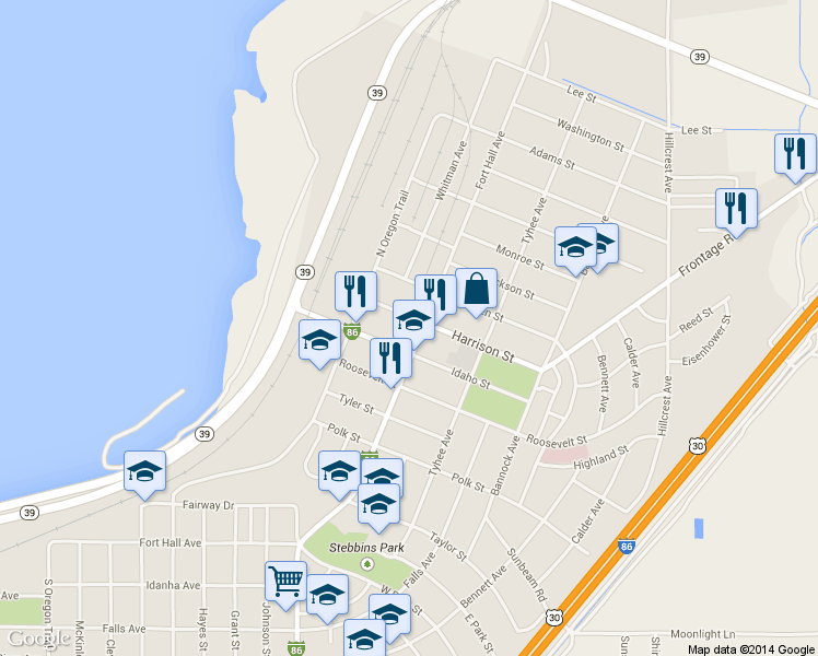 map of restaurants, bars, coffee shops, grocery stores, and more near 180 Harrison St in American Falls