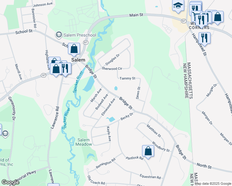 map of restaurants, bars, coffee shops, grocery stores, and more near 3 Elmwood Avenue in Salem