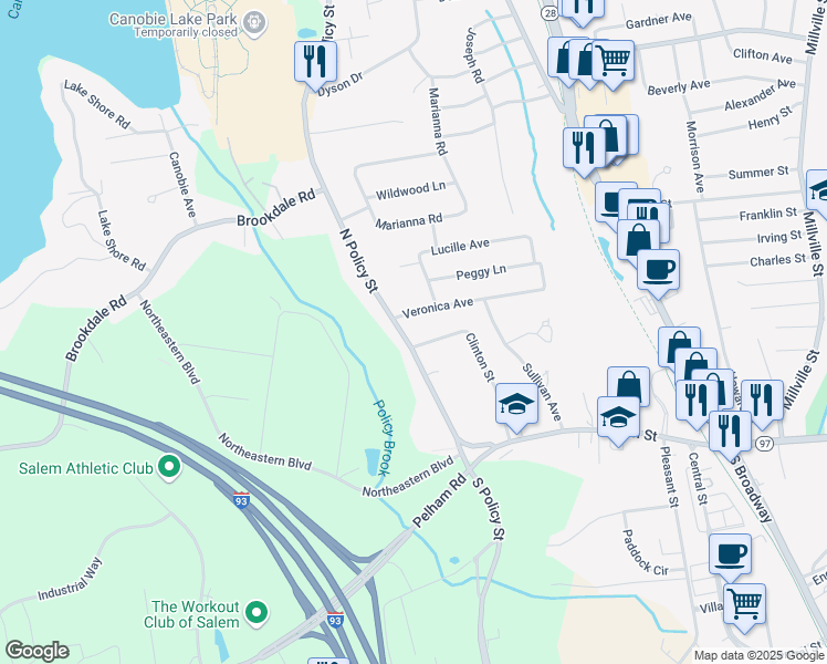 map of restaurants, bars, coffee shops, grocery stores, and more near 25 North Policy Street in Salem