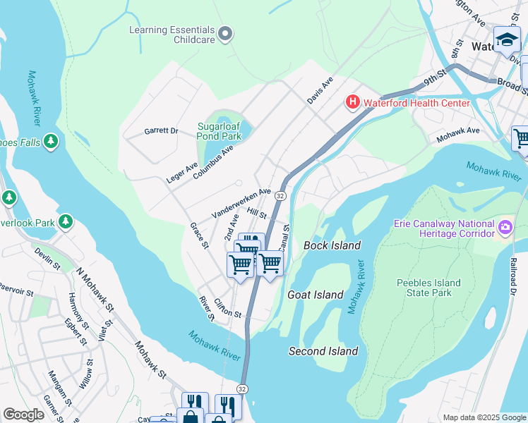 map of restaurants, bars, coffee shops, grocery stores, and more near 71 Saratoga Avenue in Waterford