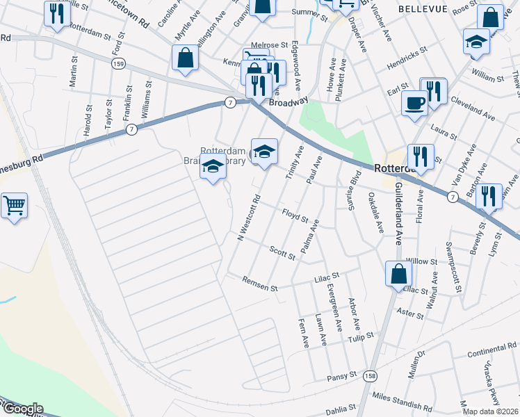 map of restaurants, bars, coffee shops, grocery stores, and more near 1225 North Westcott Road in Rotterdam
