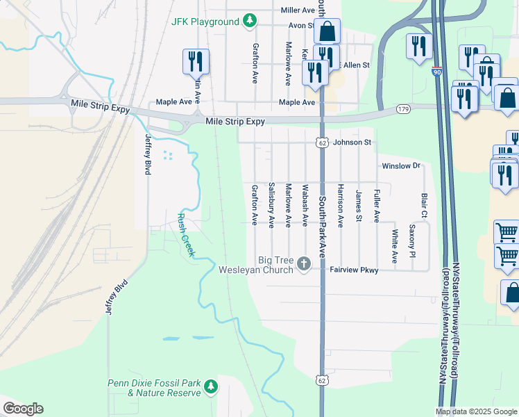 map of restaurants, bars, coffee shops, grocery stores, and more near 3674 Grafton Avenue in Buffalo