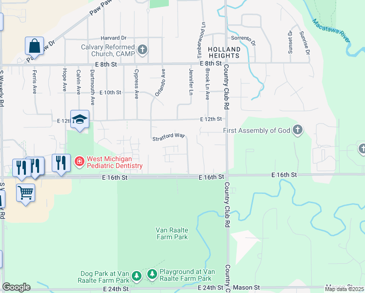 map of restaurants, bars, coffee shops, grocery stores, and more near 467 Stratford Way in Holland