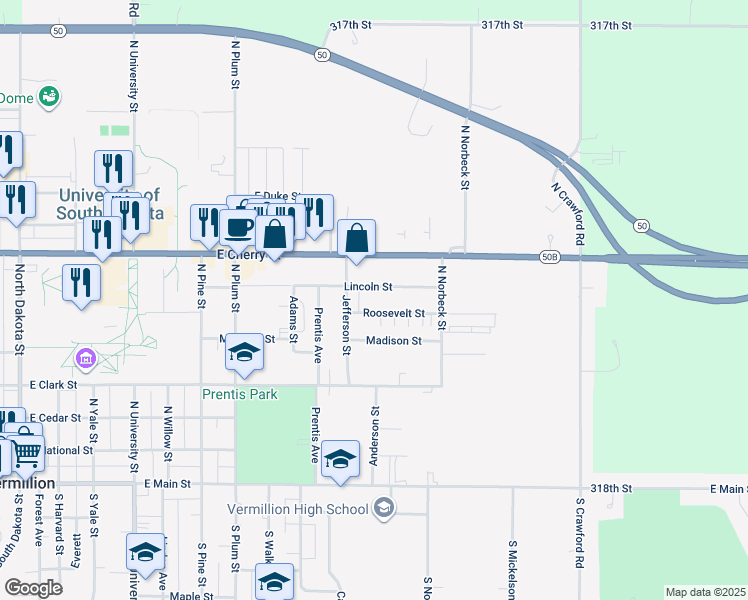 map of restaurants, bars, coffee shops, grocery stores, and more near 1205 Roosevelt Street in Vermillion
