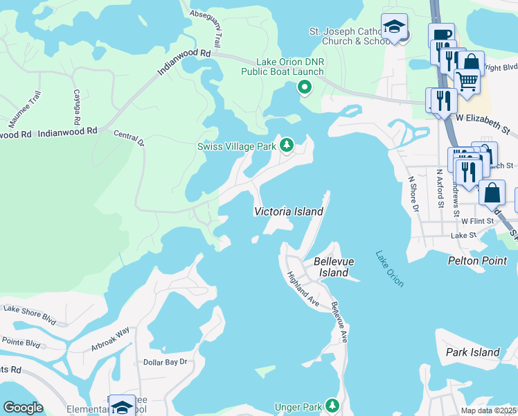 map of restaurants, bars, coffee shops, grocery stores, and more near 111 Bridge Street in Orion charter Township