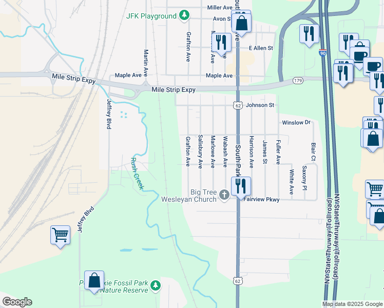 map of restaurants, bars, coffee shops, grocery stores, and more near 3674 Grafton Avenue in Buffalo