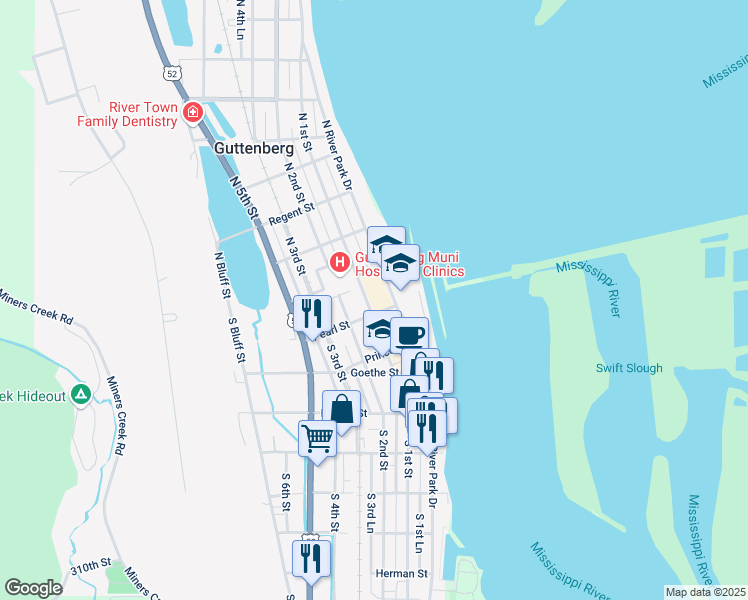map of restaurants, bars, coffee shops, grocery stores, and more near 100-198 Pearl St in Guttenberg