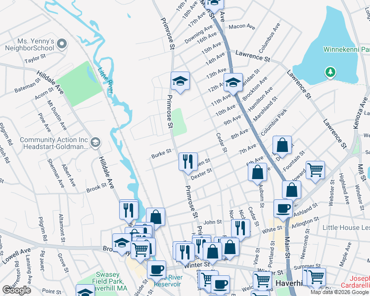 map of restaurants, bars, coffee shops, grocery stores, and more near 291 Primrose Street in Haverhill