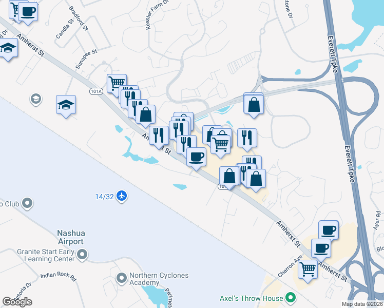 map of restaurants, bars, coffee shops, grocery stores, and more near 377 Amherst Street in Nashua