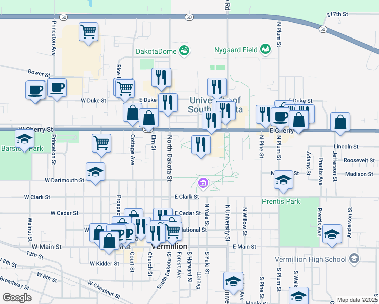 map of restaurants, bars, coffee shops, grocery stores, and more near 414 East Clark Street in Vermillion