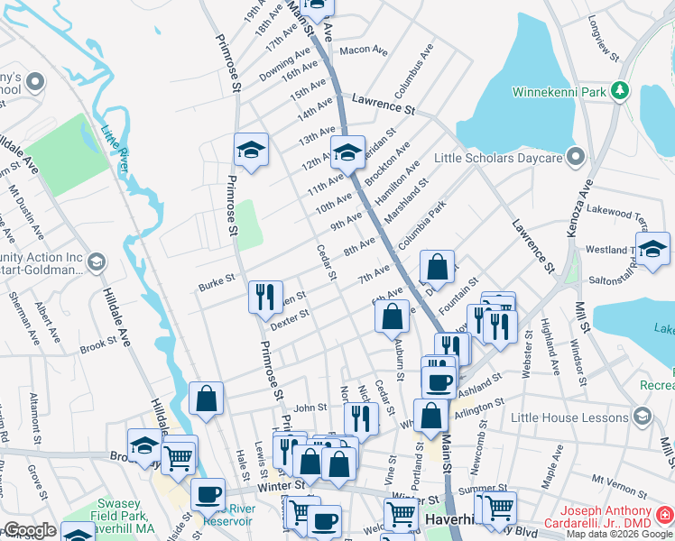 map of restaurants, bars, coffee shops, grocery stores, and more near 20 8th Avenue in Haverhill