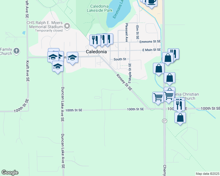map of restaurants, bars, coffee shops, grocery stores, and more near 221 Kinsey Street Southeast in Caledonia