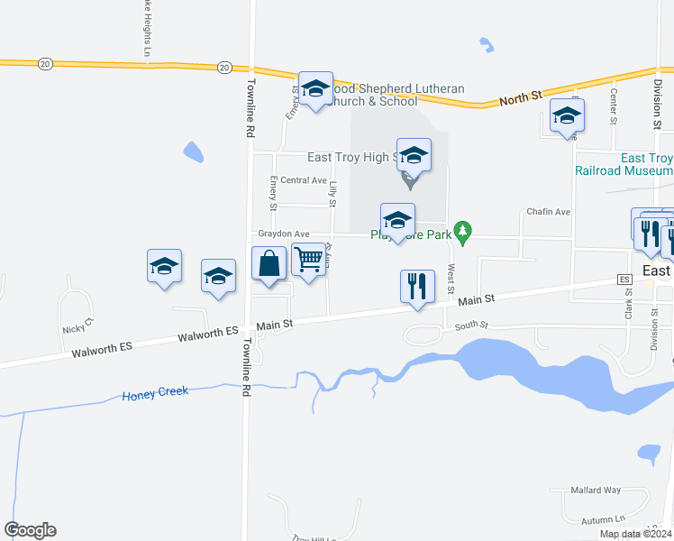 map of restaurants, bars, coffee shops, grocery stores, and more near 2068 Lilly Street in East Troy