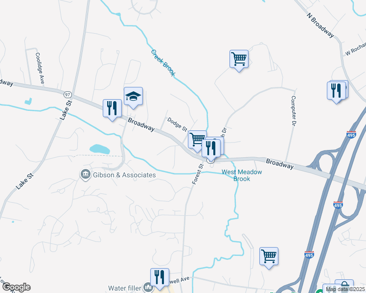map of restaurants, bars, coffee shops, grocery stores, and more near Broadway in Haverhill