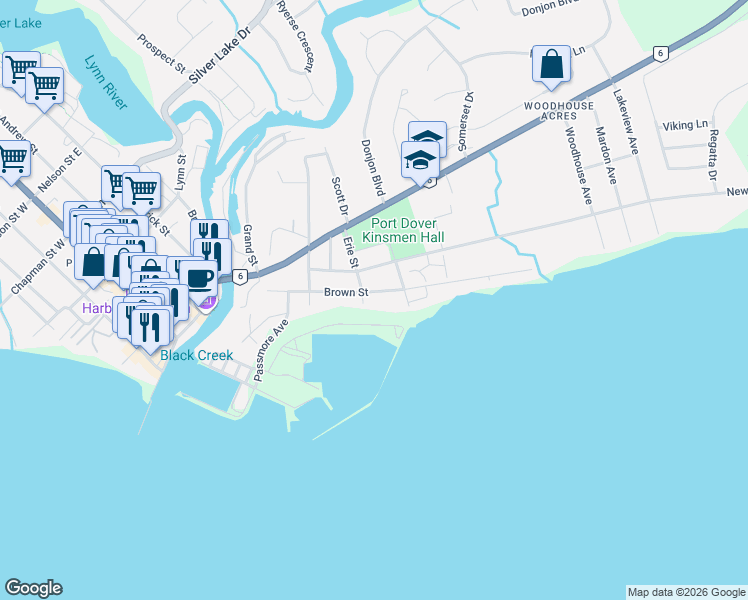 map of restaurants, bars, coffee shops, grocery stores, and more near 34 Pansy Avenue in Port Dover