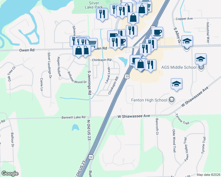 map of restaurants, bars, coffee shops, grocery stores, and more near 185 Chinkapin Rill in Fenton