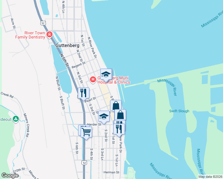map of restaurants, bars, coffee shops, grocery stores, and more near 131 South River Park Drive in Guttenberg