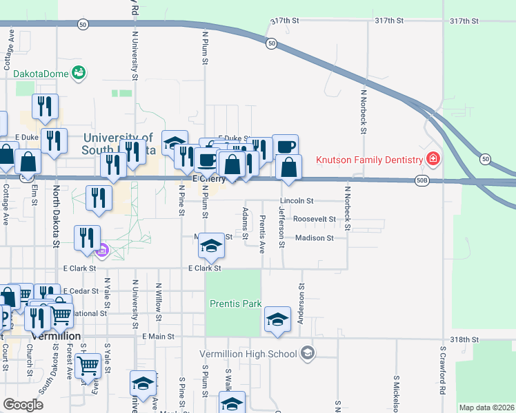 map of restaurants, bars, coffee shops, grocery stores, and more near 520 Prentis Avenue in Vermillion