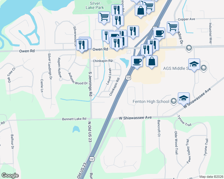 map of restaurants, bars, coffee shops, grocery stores, and more near 185 Chinkapin Rill in Fenton