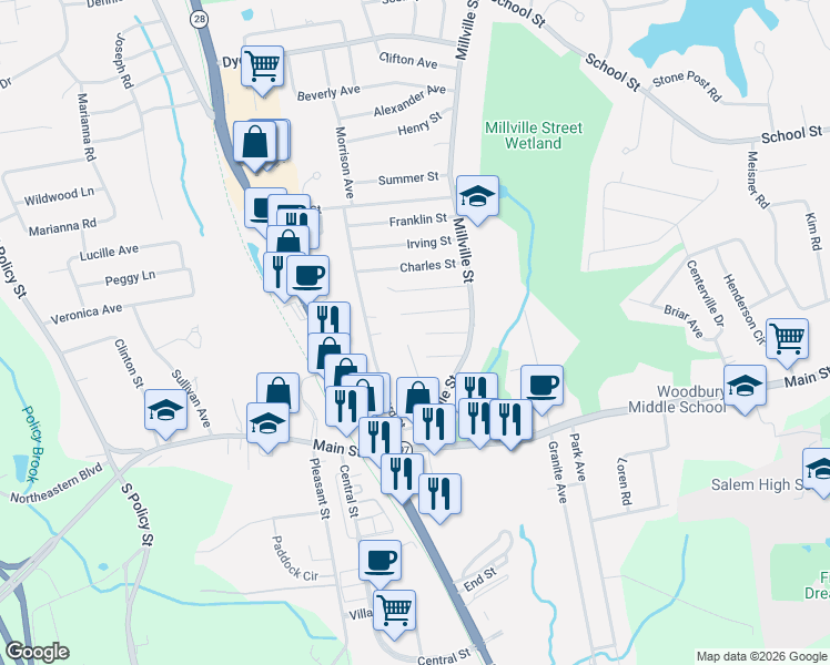 map of restaurants, bars, coffee shops, grocery stores, and more near 10 Hill Street in Salem