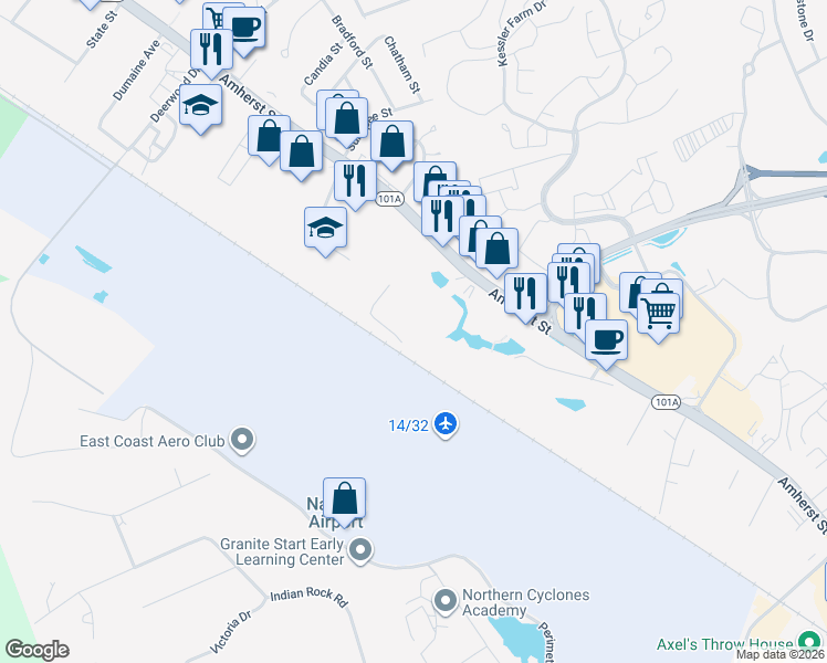 map of restaurants, bars, coffee shops, grocery stores, and more near 420 Amherst Street in Nashua
