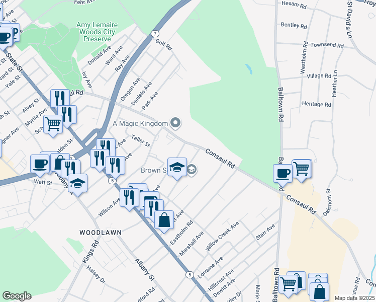 map of restaurants, bars, coffee shops, grocery stores, and more near 2815 Consaul Road in Schenectady