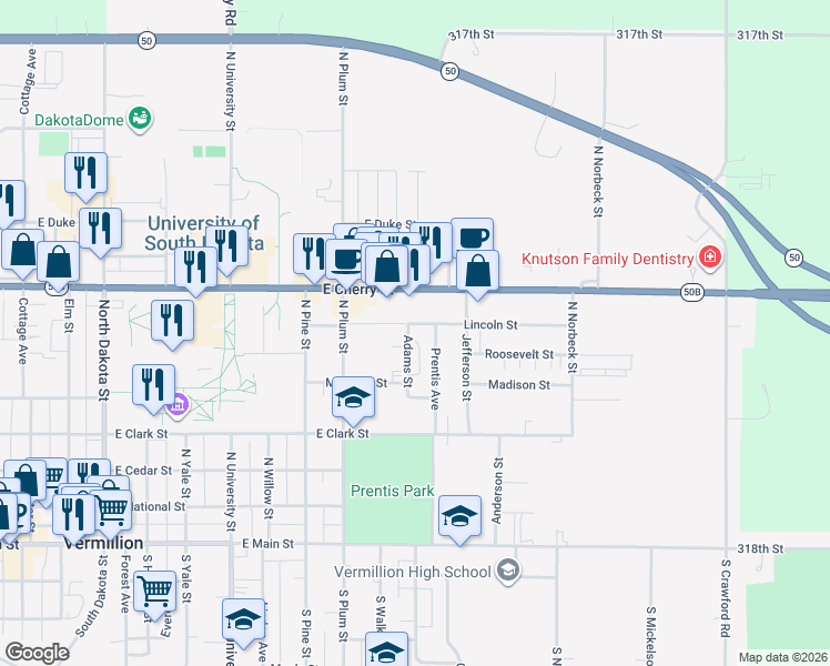 map of restaurants, bars, coffee shops, grocery stores, and more near 519 Adams Street in Vermillion