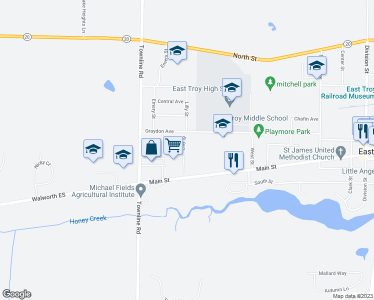 map of restaurants, bars, coffee shops, grocery stores, and more near 2096 Lilly Street in East Troy